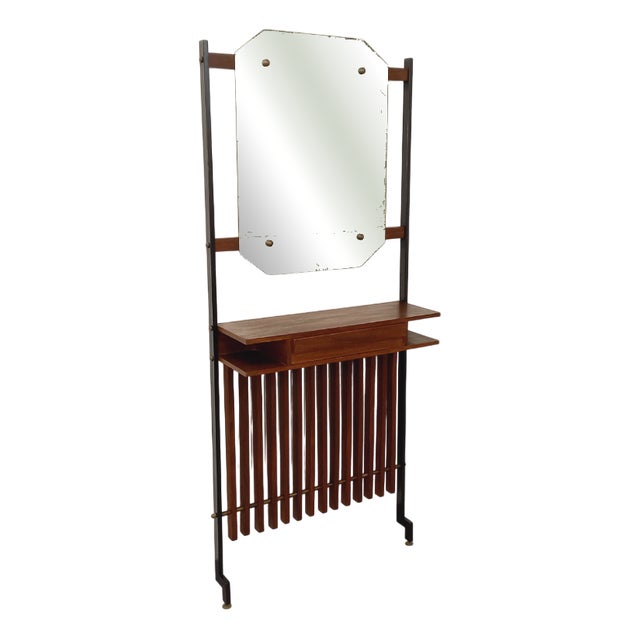 Mid-Century Italian Hall Cabinet in Teak and Metal with Mirror, Shelves and Drawer, 1950s-1960s For Sale