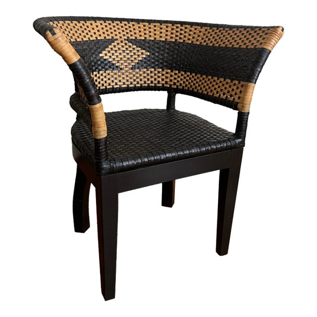 Mid 20th Century Vintage Black and Tan Rattan Arm Chair For Sale