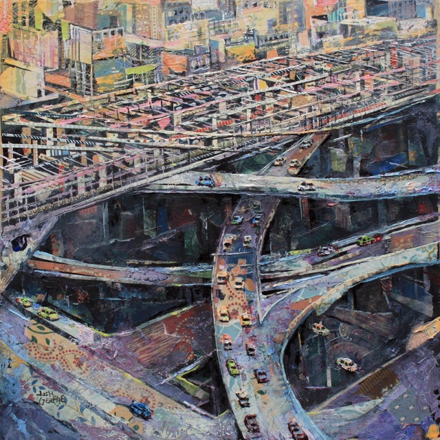 Ride Type by Josh George | Mixed Media on wood panel aerial view of city roads and traffic For Sale