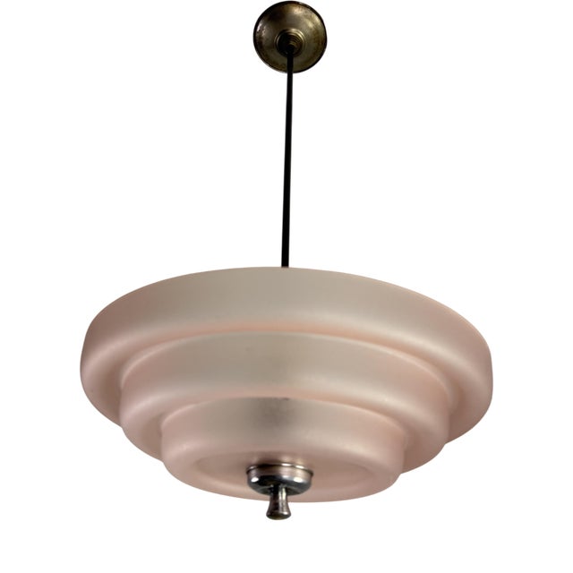 Art Deco 2-Light Pendant in Pink Glass and Chromed Metal, 1940s For Sale