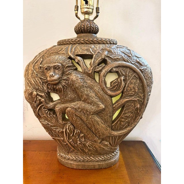 Hollywood Regency Sculptural Monkey Table Lamp, Original Finial Offered for sale is a Hollywood Regency style sculptural...