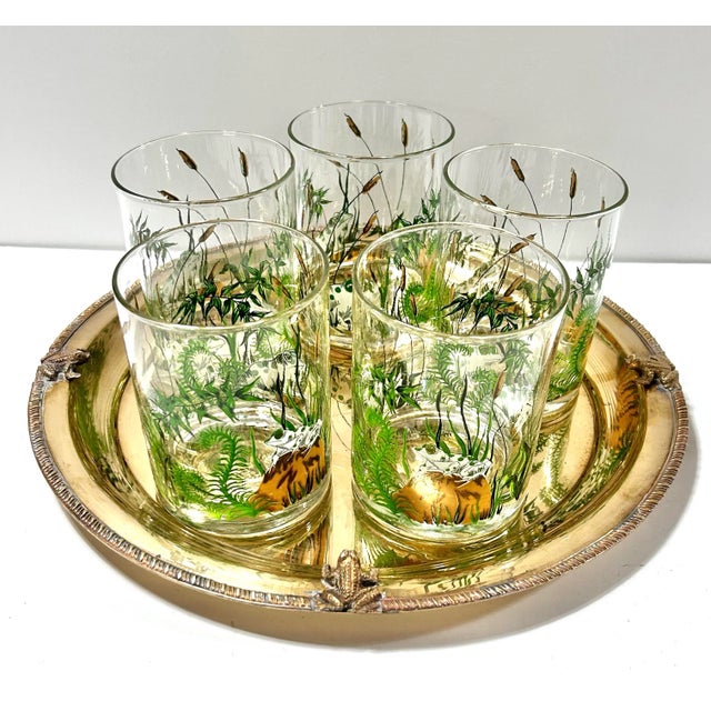 Vintage Cera Frog & Fern Cocktail Glass Set With Brass Tray – Mid-Century Bar Cart, Spring Entertaining Decor For Sale - Image 4 of 11