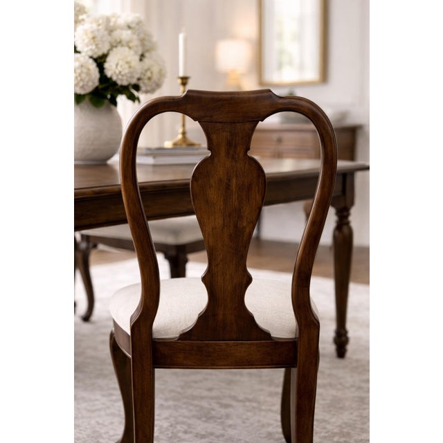Sienna Set of Six Queen Anne Style Dining Chairs in Old Chapel Satin Walnut With Designer Ivory Linen Upholstery For Sale - Image 8 of 9