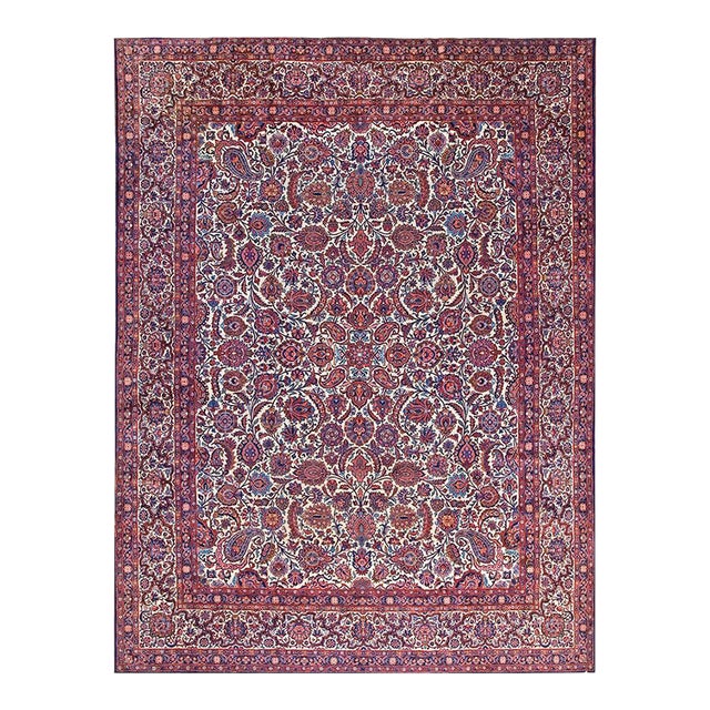 Impressive Red and White Ivory Color With Paisley Patterns Design Antique Kashan Rug For Sale