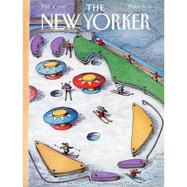 Original vintage New Yorker magazine cover dated February 4, 1991 featuring a Skiing theme. Based on an illustration by...