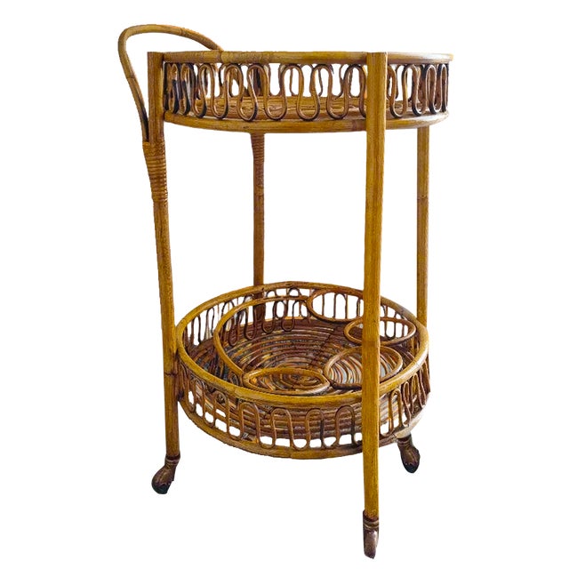 Vintage Bamboo and Rattan Serving Bar Cart by Franco Albini, 1960s For Sale