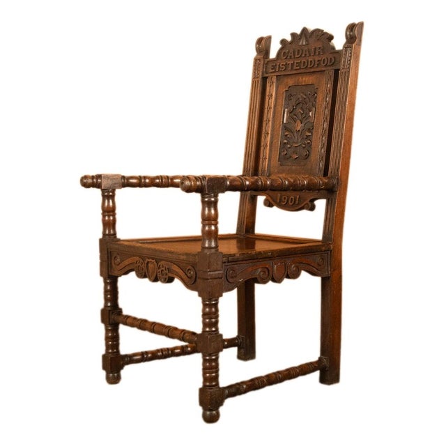 Antique Welsh Carved Oak Eisteddfod Bardic Chair Newmarket Trelawnyd Wales 1901 For Sale - Image 4 of 17