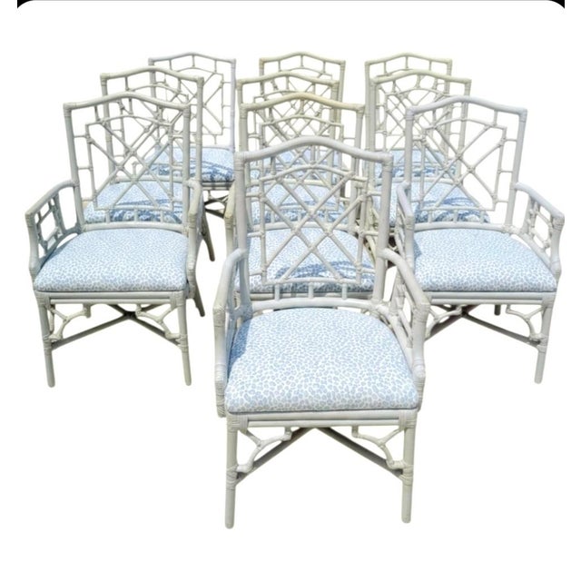 Vintage White Chinese Chippendale Lexington Rattan Palm Beach Regency Dining Room Chairs- Set 10 For Sale - Image 10 of 17