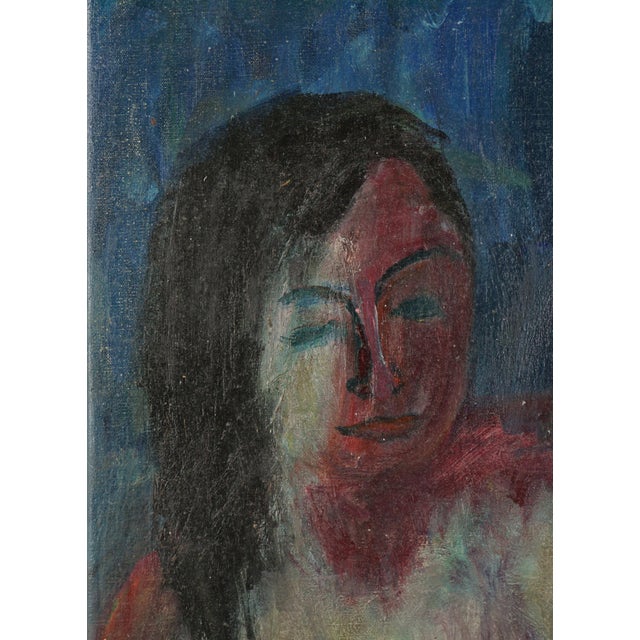 Wonderful mid century abstract figurative of nude mother with baby and bird in background by Honora Berg (American,...