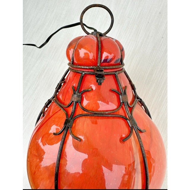 Light Pendants: Pair of Gorgeous Vintage Swirl Italian Murano-Style Caged Glass Lanterns in Coral/ Oranges: Caged Venetian Style For Sale - Image 9 of 10