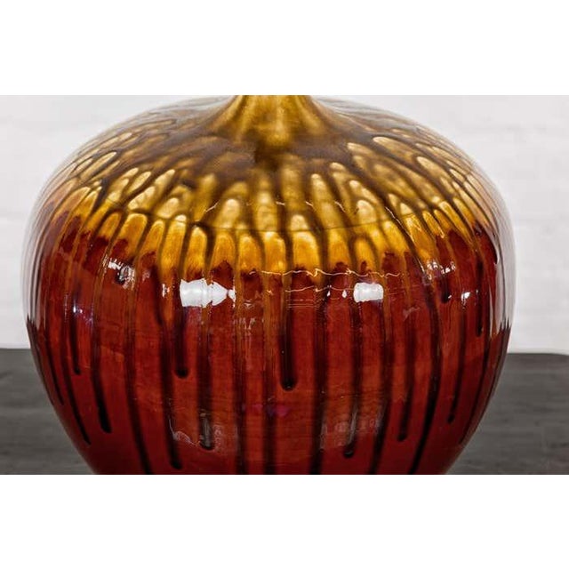 Hand-Crafted Artisan Tri-Color Brown Vase with Rounded Silhouette and Dripping For Sale - Image 9 of 12