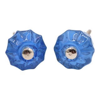 Pair of Vintage 1.125 In. Blue Glass Cabinet Knobs For Sale