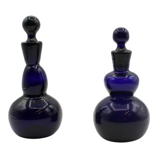 Circa 1950s Likely Danish Assembled Pair of Cobalt Glass Perfume Bottles For Sale