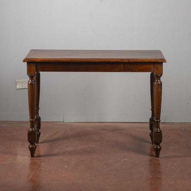 Brown Table with Turned Legs and Threaded Edge Top For Sale - Image 8 of 18
