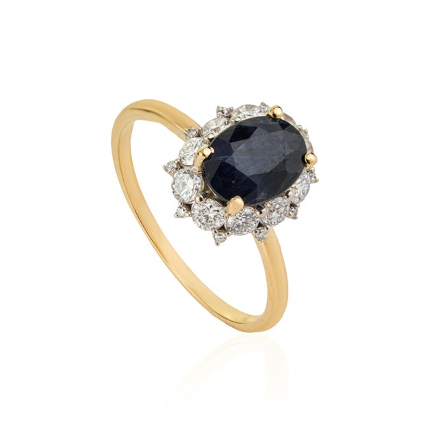 Not Yet Made - Made To Order VRJewels 1.55ct Blue Sapphire Diamond Halo Ring Size 9 in 14k Yellow Gold For Sale - Image 5 of 17