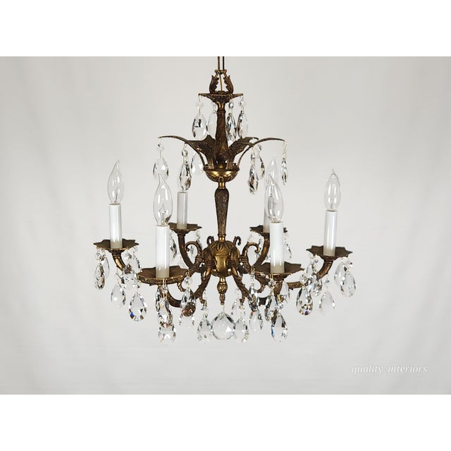 1960s Antique 6 Arm 6 Light Svelte Shimmering Brass Cut Lead Glass Crystal Chandelier For Sale - Image 5 of 11