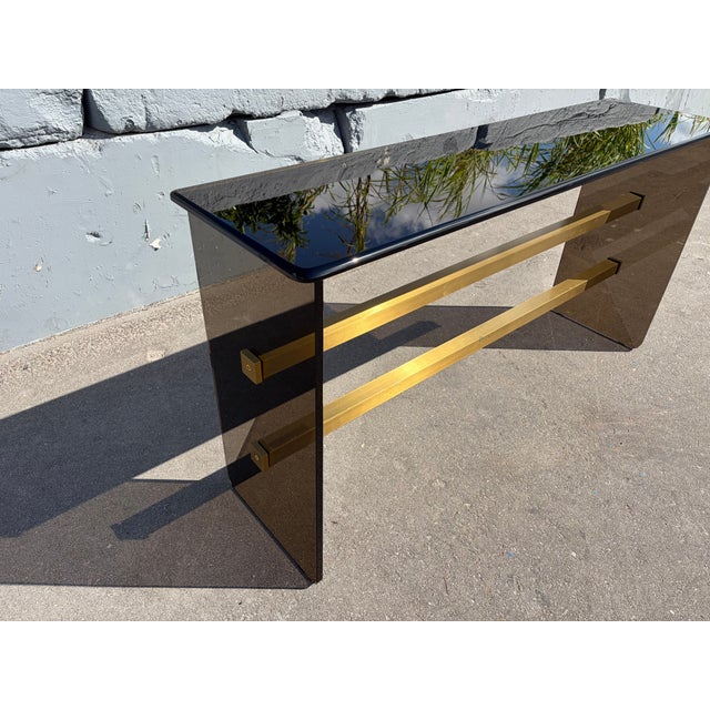 Metal 1970s Mid Century Modern Dark Glass and Brass Console Table, Sofa Table For Sale - Image 7 of 16