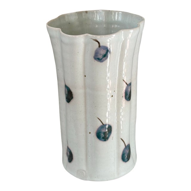 1990s Tall Folk Art Berry Scalloped Pottery Vase, Signed For Sale