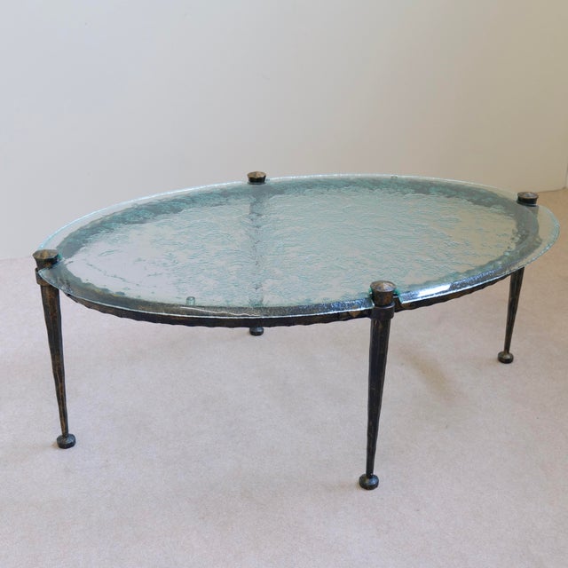 Brutalist Oval Forged Table with Blue Glass Top in the style of Lothar Klute For Sale - Image 3 of 10