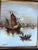 A beautiful small vintage framed oil painting depicting a tranquil Chinese harbor scene with traditional junk boats...