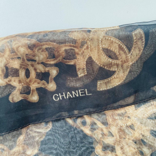 Chanel Black Printed 100% Silk Scarf For Sale - Image 9 of 10