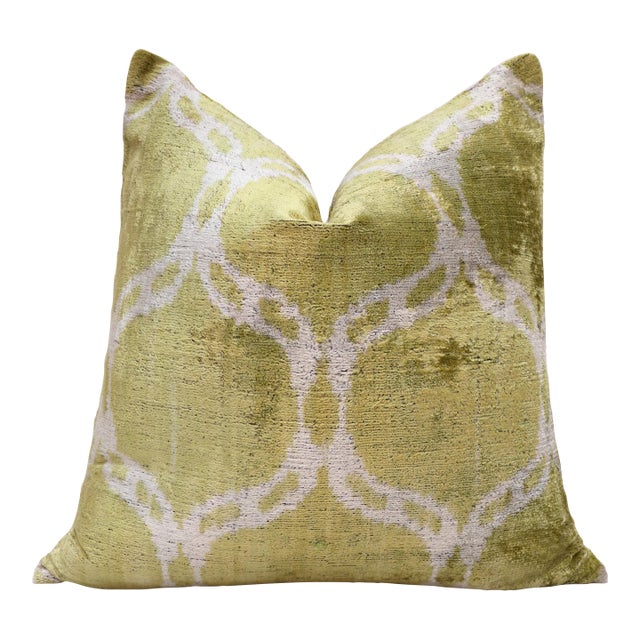 Olive Green Silk Velvet Pillow 20x20 | Handmade Designer Accent Cushion For Sale
