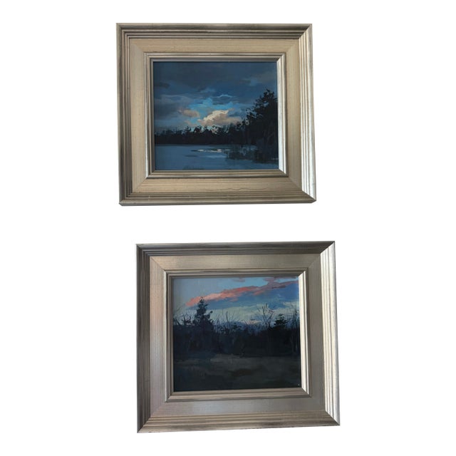 Pair Original Jeremy Miranda Oil Paintings in Silver Wood Plein Air Frames For Sale