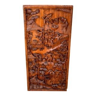 Antique Chinese Hand Carved Wood Relief Wall Panel Plaque Figural Rural Life For Sale