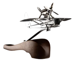 Art Deco Chrome Airplane on Wooden Base, 1940s
