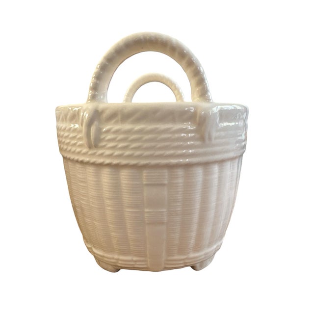 Vintage Tiffany Porcelain Pair White Basket Cachepots For Sale - Image 9 of 10