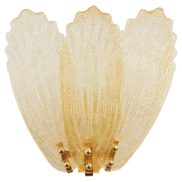 Large Wall Lights with 3 Murano Glass Amber Color Leaves and Gold Structure, Italy For Sale