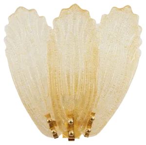 Large Wall Lights with 3 Murano Glass Amber Color Leaves and Gold Structure, Italy