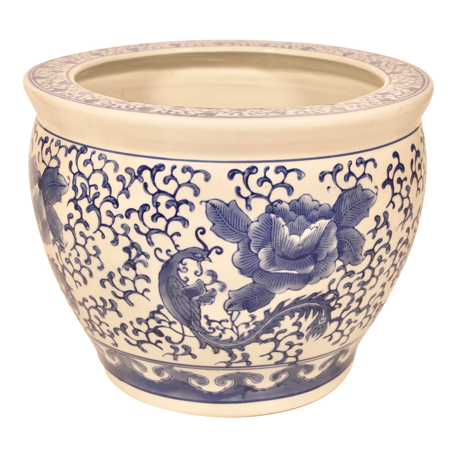Large Blue and White Asian Ceramic Fish Bowl Planter Chairish