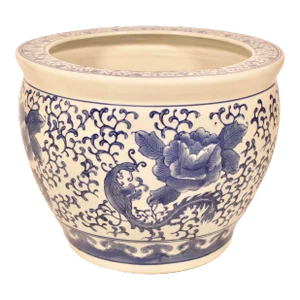 Large Blue and White Asian Ceramic Fish Bowl Planter