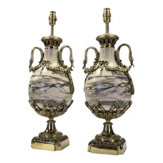 Late 19th Century French Neoclassical Marble and Ormolu Urn Lamps, 1850, Set of 2 For Sale