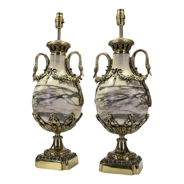 Late 19th Century French Neoclassical Marble and Ormolu Urn Lamps, 1850, Set of 2 For Sale