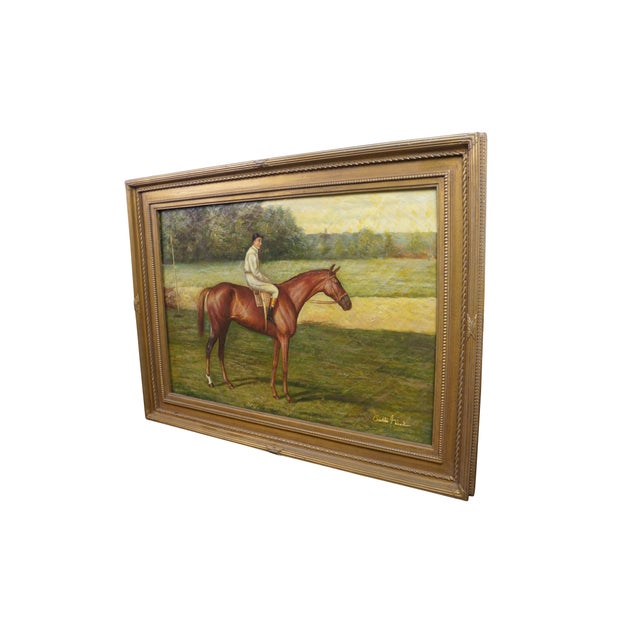 A large late 20th century equestrian landscape oil painting on linen of a Chestnut Racehorse after work by Allen Culpepper...