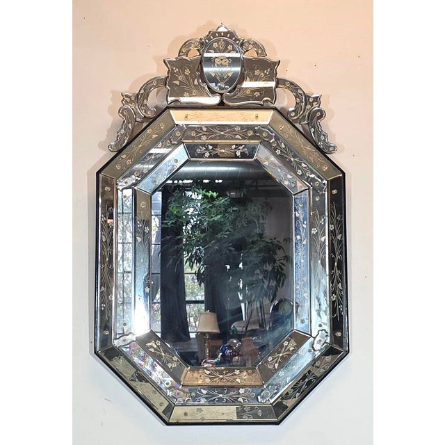 Antique or Vintage Octagonal Venetian Etched Glass Mirror With Etched Floral Design For Sale - Image 4 of 18