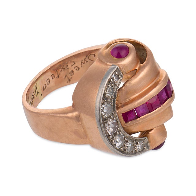1940s Retro Synthetic Ruby Diamond 14k Rose Gold Tank Ring, Size 12.5 For Sale - Image 4 of 6