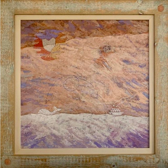 A square canvas organized around the act of pursuit at sea. What Talani captures is not the whale but the tracking: the...
