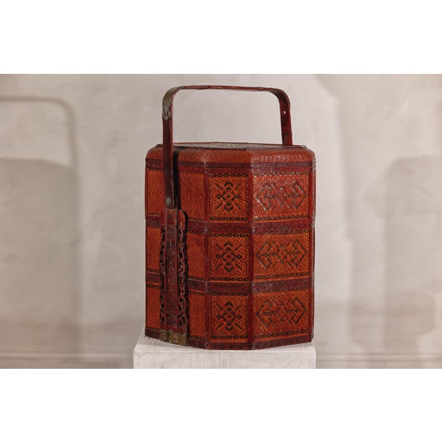 Vintage Reddish Brown Lacquer Woven Rattan Picnic Basket with Bamboo Handle For Sale - Image 9 of 12