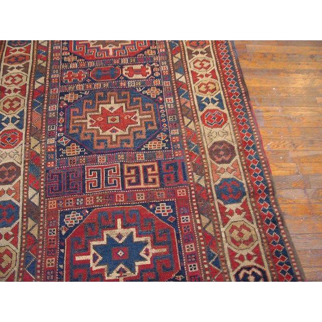 1890s Blue Navy Geometric Tribal Antique Caucasian Kazak Rug 4' X 10'5" Handknotted Wool Carpet For Sale - Image 4 of 4