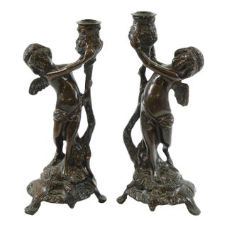 Late 19th Century Antique European Bronze Candle Holders- A Pair For Sale