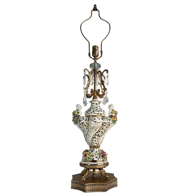 Mid 20th Century Capodimonte Porcelain Cherub Floral Lamp With Crystal Prisms For Sale - Image 5 of 18