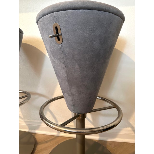 Slate Gray Set of Four Mid Century Modern Chrome & Suede Gray Blue Swivel & Hydraulic Bar Stools For Sale - Image 8 of 11