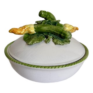 Late 20th Century Italian Bassano Del Grappa Covered Vegetable Tureen With Sculptural Zucchini & Squash Blossom For Sale
