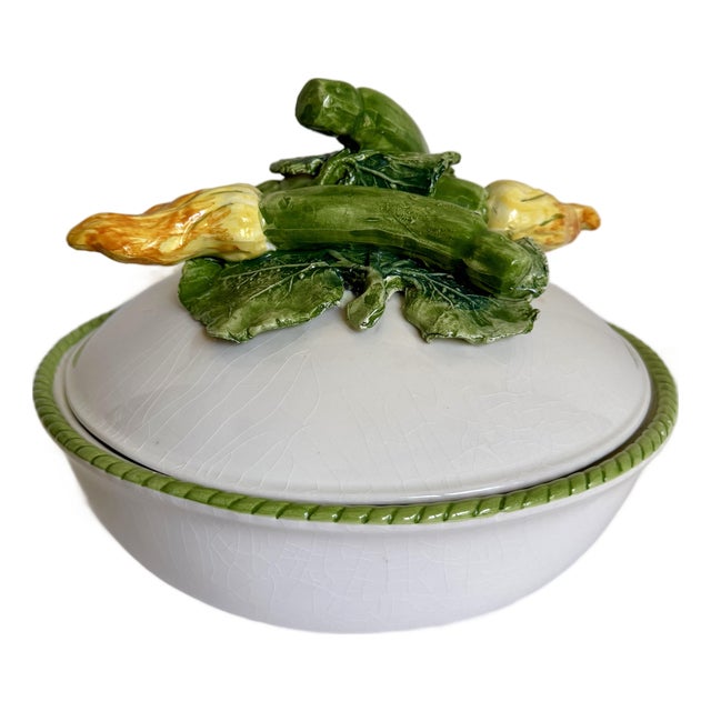 Late 20th Century Italian Bassano Del Grappa Covered Vegetable Tureen With Sculptural Zucchini & Squash Blossom For Sale