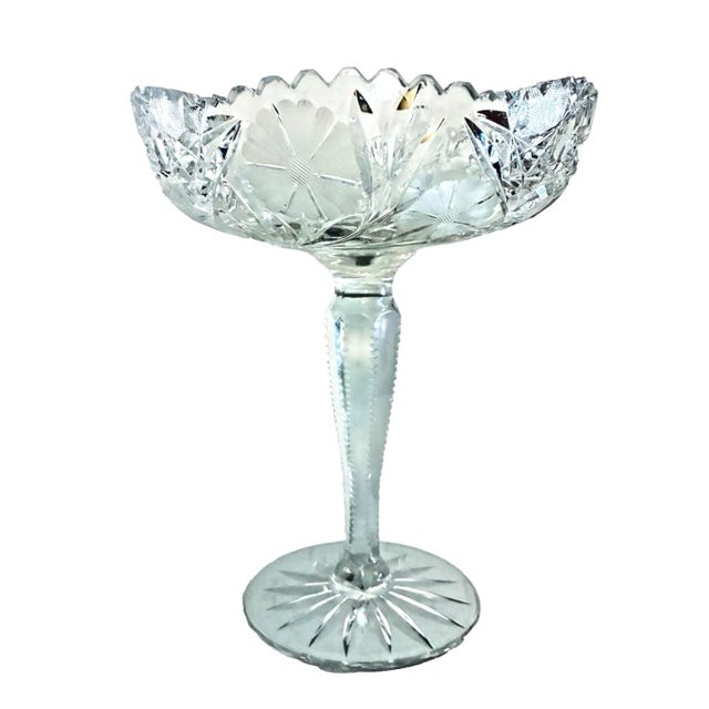 Early 20th Century American Brilliant Period Cut Glass Etched Floral Crystal Pedestal Compote, Notched Stem For Sale - Image 4 of 8