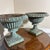 French Country Vintage Pair French Country Cast Iron Verdigris Green Garden Urns Planters Set For Sale - Image 3 of 7