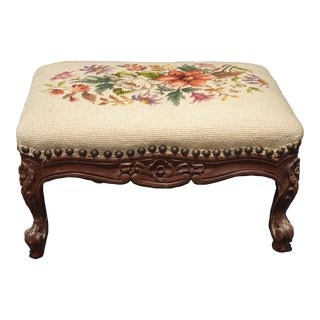 Vintage French Country Tan Tapestry Footstool W Decorative Nails & Cabriole Legs For Sale